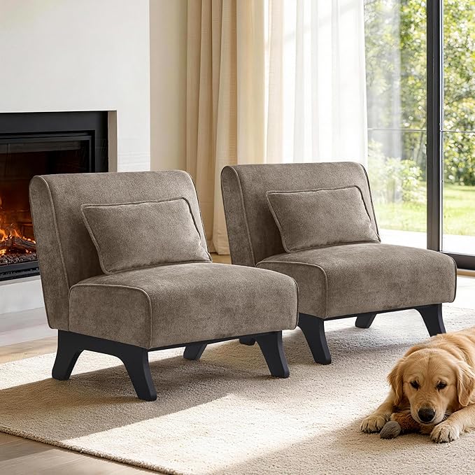 Upholstered Armless Accent ChairModern Comfy Living Room Chairs with Wooden Legs&amp PillowsLounge Sofa Side Chair for Bedroom Farmhouse Reading (Dark Brown 2 PCS)