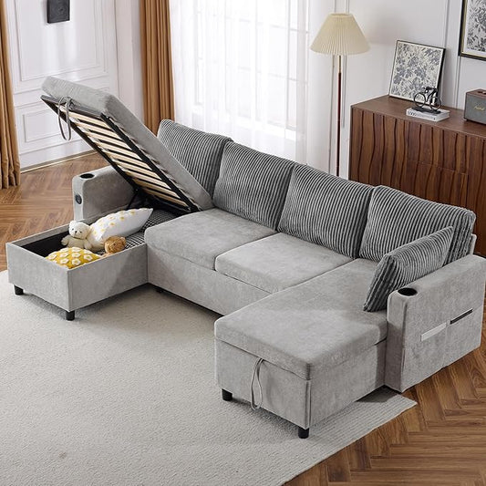 Merax Pull-Out Sofa Bed Sleeper Pull Out Sectional Couch with Storage USB Cup Holder for Living Room Apartment Gray