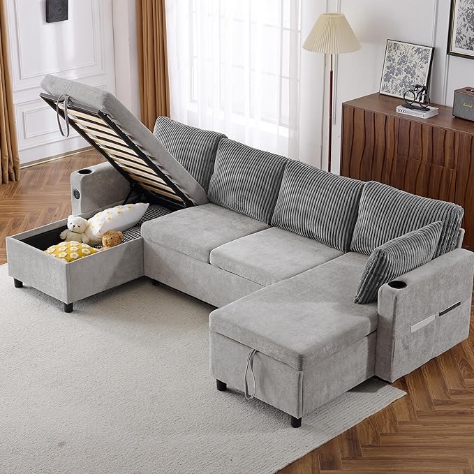 111.8 Sectional Sofa Pull-Out Sofa Bed with Double Storage Chaise Lounge Versatile Sofa Sleeper Couch with Cup Holders and USB Ports for Living Room Appartment Office (Grey-CF)