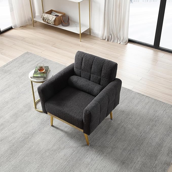 Modern Chair Lounge Chair Armchair Accent Living Room Chair with Tapered Metal Legs and Waist Pillow LoungeTeddy Fabric Gray