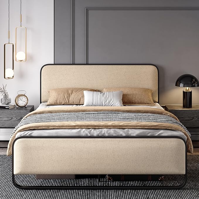 SHA CERLIN Queen Size Platform Metal Bed Frame with Curved Upholstered Headboard and Footboard Large Under Bed Storage No Box Spring Needed Modern Beige