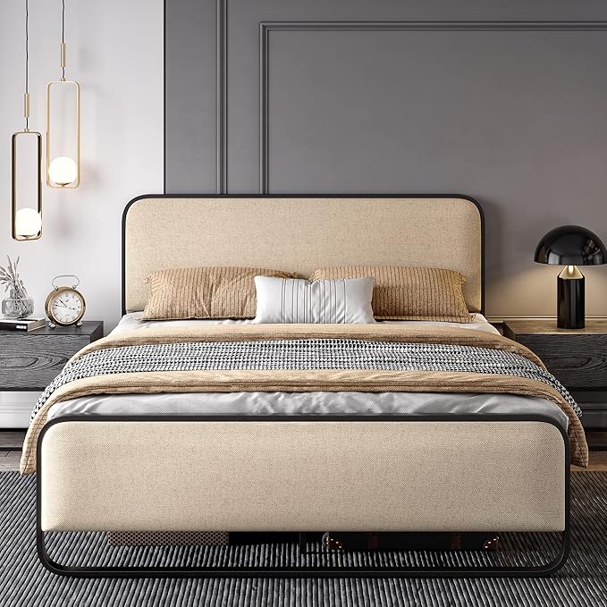 SHA CERLIN Full Size Platform Metal Bed Frame with Curved Upholstered Headboard and Footboard Large Under Bed Storage No Box Spring Needed Modern Beige