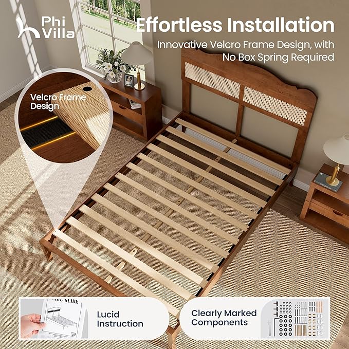 PHI VILLA Full Rattan Bed Frame with Headboard Mid Century Modern Wooden Bed Frames No Box Spring Needed Brown