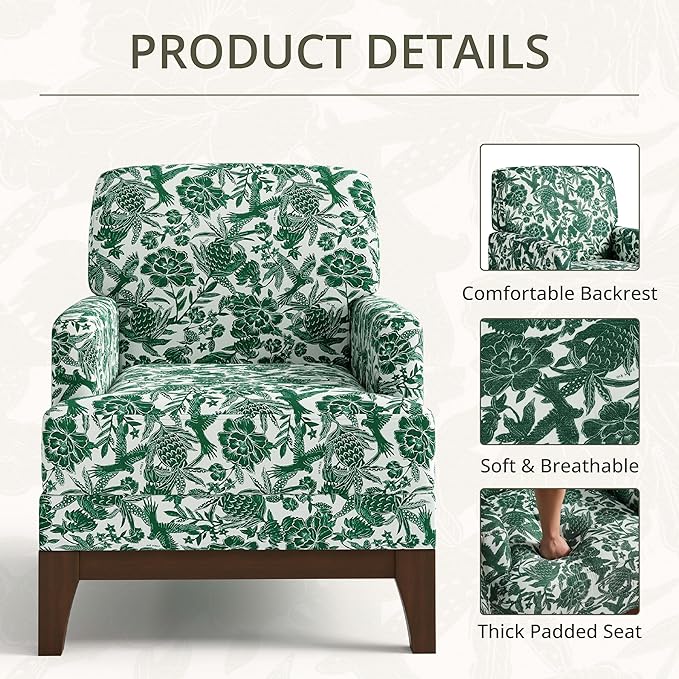 Floral Accent Chair Set of 2 Upholstered Armchair with Solid Legs Comfy Reading Single Sofa with Spring-Padded Cushion for Bedroom Green