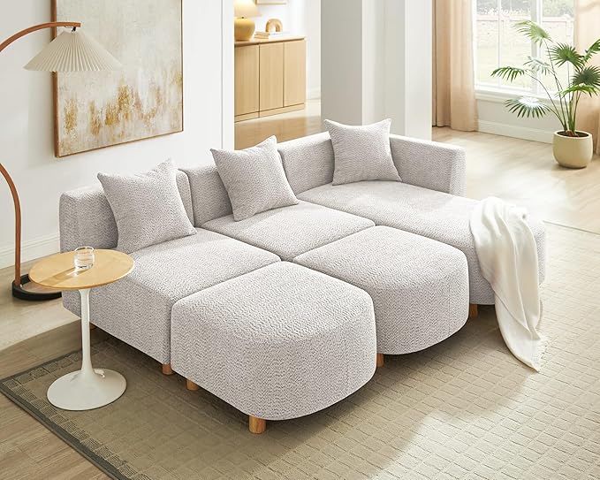 VANOMi 109.84 Modular Sectional Sofa with 3 Pillows Convertible 5-Seater Comfy Boucle Cloud Couch with Ottoman Modern Sectional Sofas for Living Room Office Apartment (Camel)