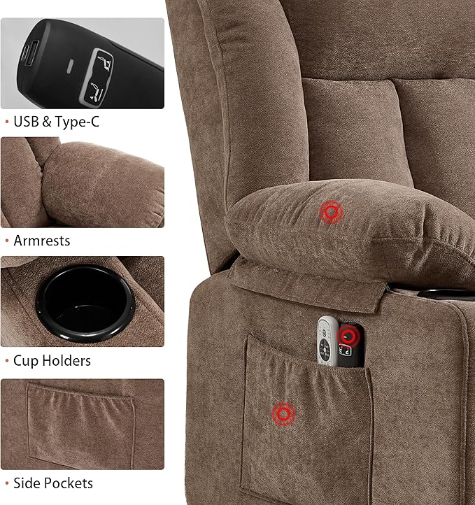 Power Lift Recliner Chair for Elderly with Massage and Heat Reclining Sofa Chair with USB &amp Type-C Ports and Cup Holders L1288(Brown)