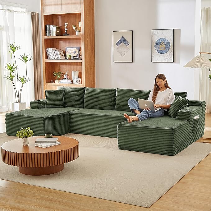 133.5 Oversized U Shaped Sectional Couch Boneless Cloud Couches for Living Room Corduroy Comfort Modular Deep Seat Sofa with Chaise Cup Holders &amp Storage Pocket No Assembly Required Green