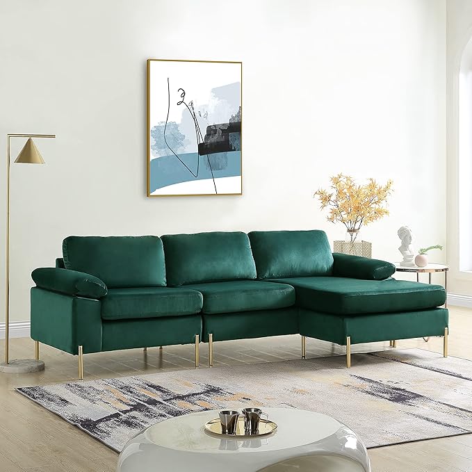 Favfurish 101 Velvet Upholstered Sectional Sofa with Chaise and Pillow Arms L-Shaped Solid/Manufatured Wood Loveseat Couch W/Removable Back &amp Cushionsfor Living RoomBedroomOfficeGreen