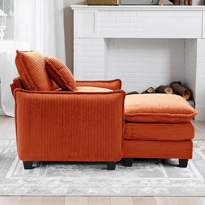 46 W Oversized Chair with Ottoman - Comfy Accent Chair and Ottoman Set Corduroy Large Armchair with Extra Thick and Deep Seat Cloud Chaise Lounge for Living Room (Orange Red)