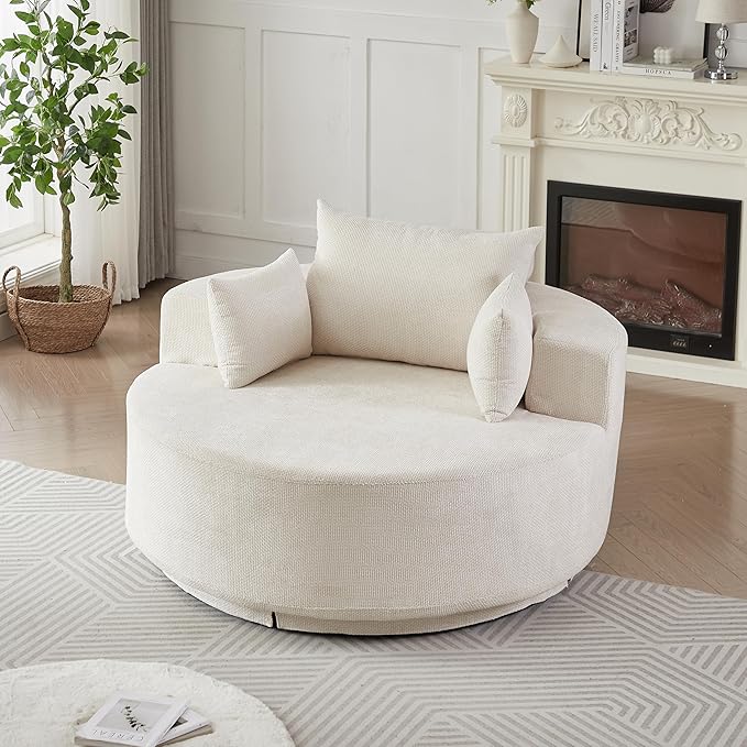KEIKI 55 Oversized Swivel Accent Chair Chenille Barrel Chairs Upholstered Round Swivel Chair Single Sofa Armchair Sleeper Chair for Living Room Lounge Beige
