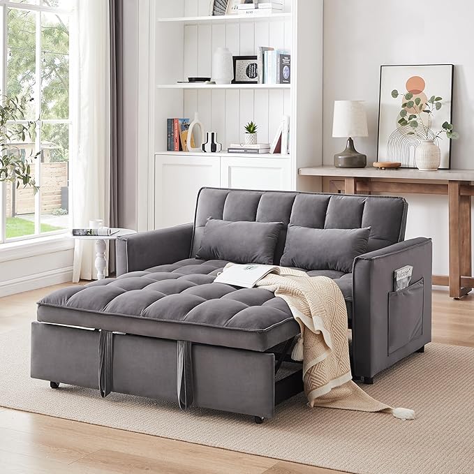3 in 1 Convertible Sleeper Sofa Bed 55 Pull Out Couches Modern Loveseat Sleeper Sofa with Adjustable Reclining Backrest &amp Side Pockets for Living Room Velvet Fabric Dark Gray