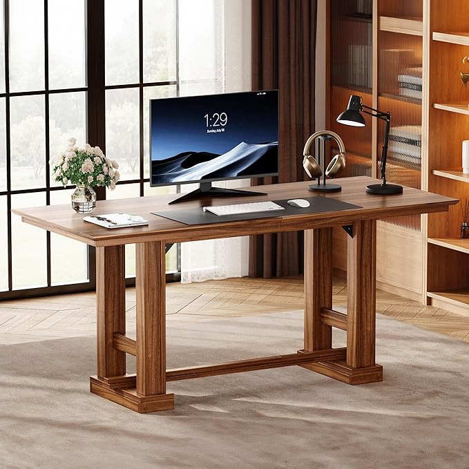 DWVO 70 Inch Computer Desk Large Executive Office Table Workstation Modern Farmhouse Style Laptop Wooden Sturdy Legs Writing Desk Business Furniture for Home Dark Walnut
