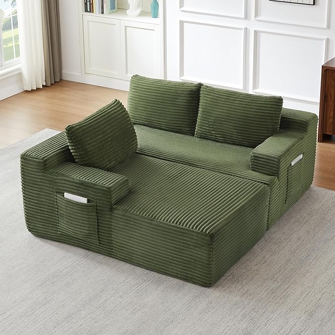 Modern Corduroy Modular Sectional Sofa96.1 Minimalist Style L-Shaped 3 Seat Couch with Side Storage PocketsComfortable Chaise Lounge for Living RoomReception AreaGreen Left Chaise Lounge