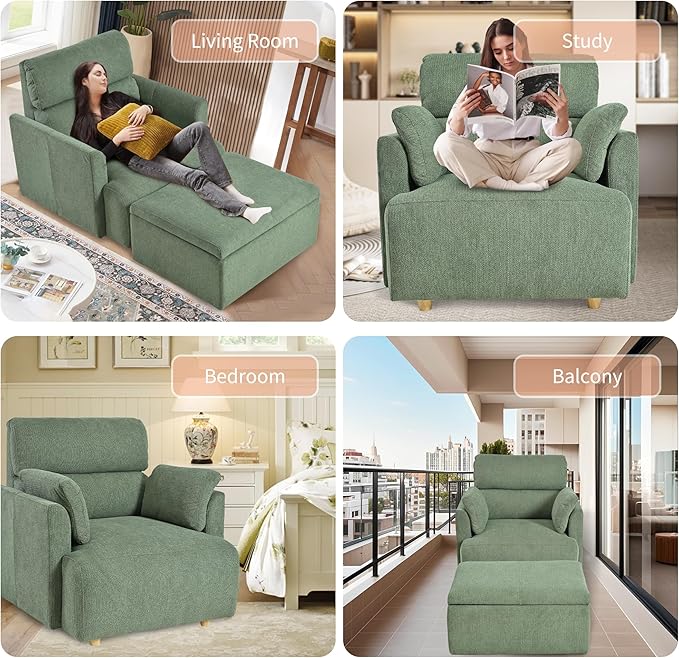 Snowflake Fleece Oversized Accent Chair with Storage Ottoman - 26.57 Wide Deep Seat Reading Chair Convertible Daybed 400lbs Capacity for Living Room &amp Apartment (Green)