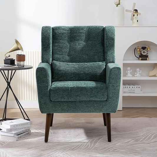 Modern Accent Chair Chenille Armchair for Living Room Upholstered Lounge Chair with Pillow Solid Wood Legs (Blackish Green)