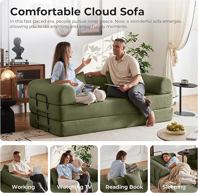 5-in-1 Convertible Sofa Bed | 79 Modular Sleeper with High-Resilience Foam &amp Fixed Frame No Assembly | Corduroy Fabric Ideal for Small Spaces Studio (Light Green)