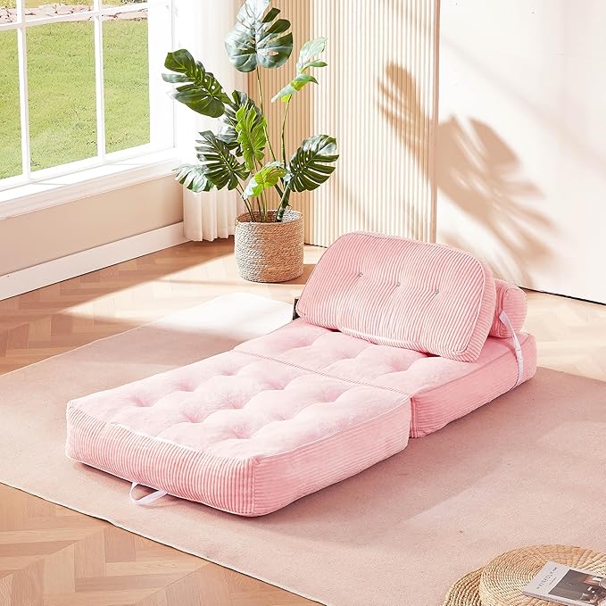 Folding Sofa Bed Flannel Futon Couch Bed with Pillow and Blanket Convertible Sleeper Chair for Living Room Bedroom Pink
