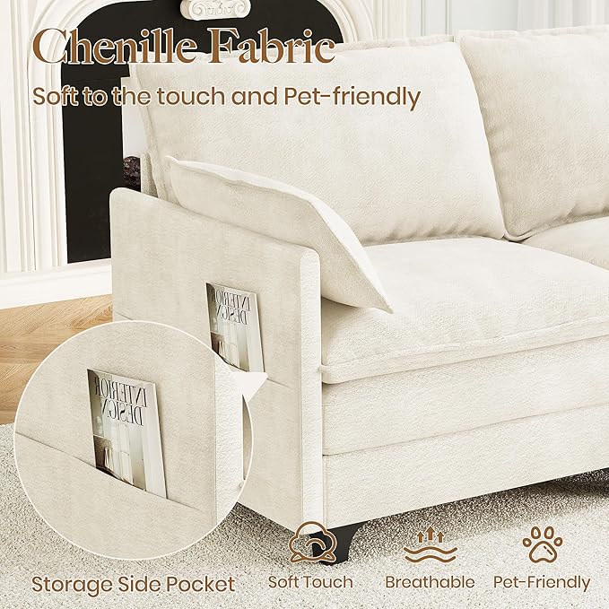 71.9 Loveseat Modular Sectional Sofa Chenille Cloud Couch with Armrest Pillows Modern 2 Seater Deep Seat Couches with Side Pocket for Living Room Bedroom and Apartment Beige