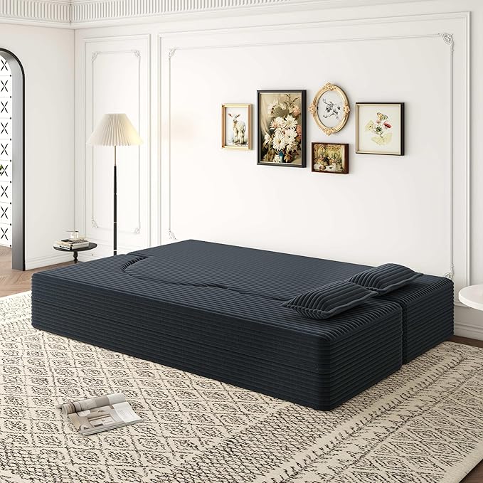 78 inch Memory Foam Couch Sofa Bed Convertible Folding Velvet Chenille Lazy Lounge Floor Full Size Sofabed Sleeper Couch for Small Living Room Apartment No Assembly (Dark Grey Corduroy)