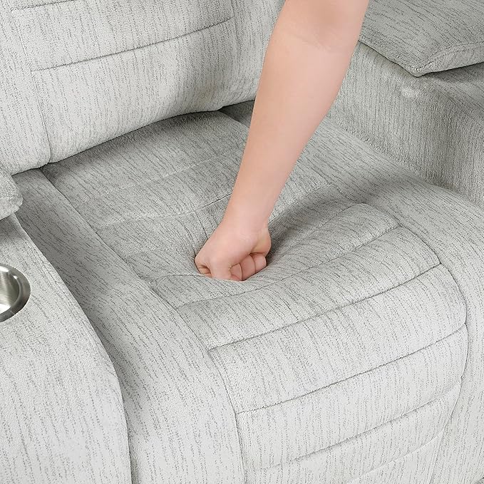 Lexicon Wall Hugger Manual Double Reclining Loveseat with Console Microfiber Home Theater Seating with Cup Holders/Hidden Arm Storage/Wireless Speakers/LED Base Lighting for Living Room Light Gray