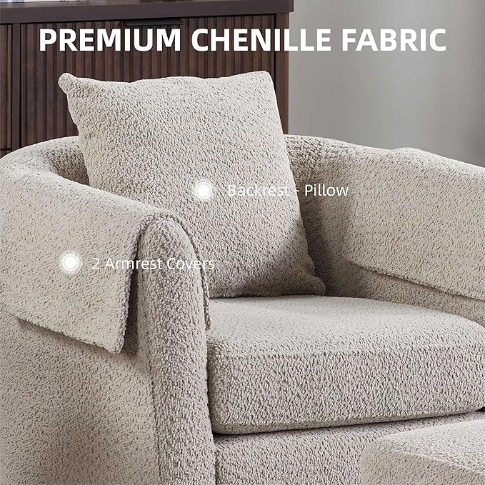 Gray Swivel Accent Chair with Ottoman 360° Barrel Chairs with Foot Stool Comfy Reading Chair with Removable Pillow &amp 2 Armrest Covers for Living Room Small Spaces Bedroom Chenille (Gray)