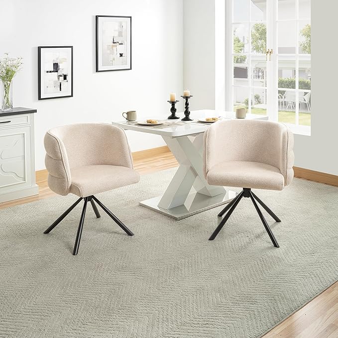 KEIKI 270° Swivel Home Office Desk Chairs Set of 2Modern Dining Chairs Upholstered Bedroom Chairs with Metal BaseMakeup Chair for Vanity Living Room Bedroom Beige