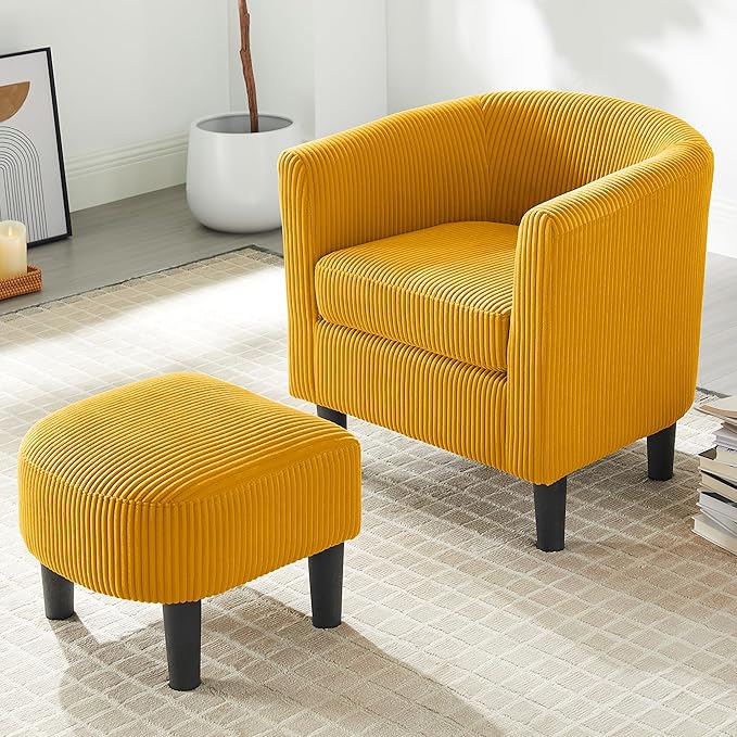 mikibama Accent Chair with OttomanCorduroy Accent Armchair with FootrestModern Mid Century Barrel Chair with Foot StoolSingle Sofa Club Chair for Living RoomBedroomOffice (None Swivel Yellow)