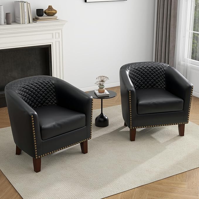 UIXE Faux Leather Barrel Accent Chairs Set of 2 Modern Club Upholstered Arm Chair Comfy Armchair Nailed Trim Living Room Single Sofa Reading Seat Bedroom Side Sitting for Office Black