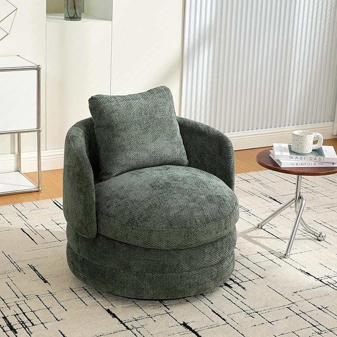 30 Modern Round Chenille Barrel Accent Chair 360° Swivel Ergonomic Comfy Upholstered with Pillow for Living Room Bedroom Reading Room Balcony Lounge Green