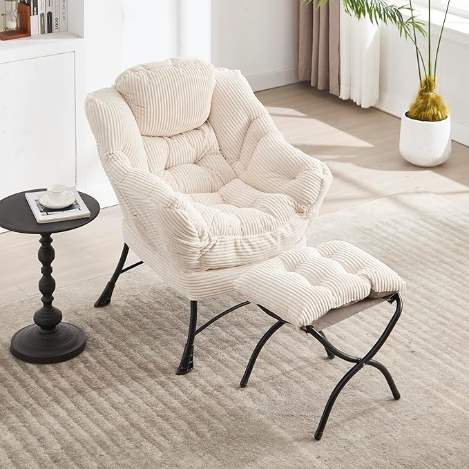 31.5 Lazy Chair1 OttomanLeisure Upholstered Sofa ChairModern Reading ChairLounge Accent Chair with Side Pocket for Small ApartmentLiving RoomBedroomOfficeWhite
