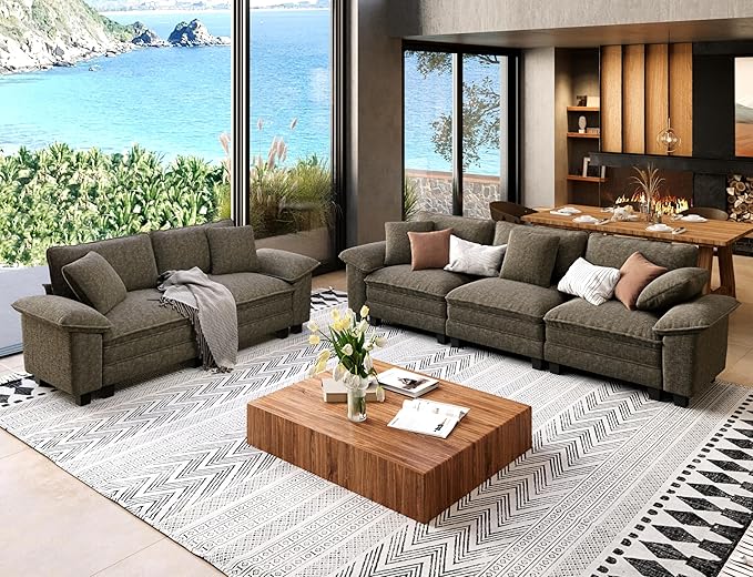 2 Piece Living Room Sofa Furniture Set Oversized Chenille Modular Loveseat and 3-Seat Couch with Pillow Modern 5-Seat Cloud Sectional Deep Seat for Apartment Smoky Grey