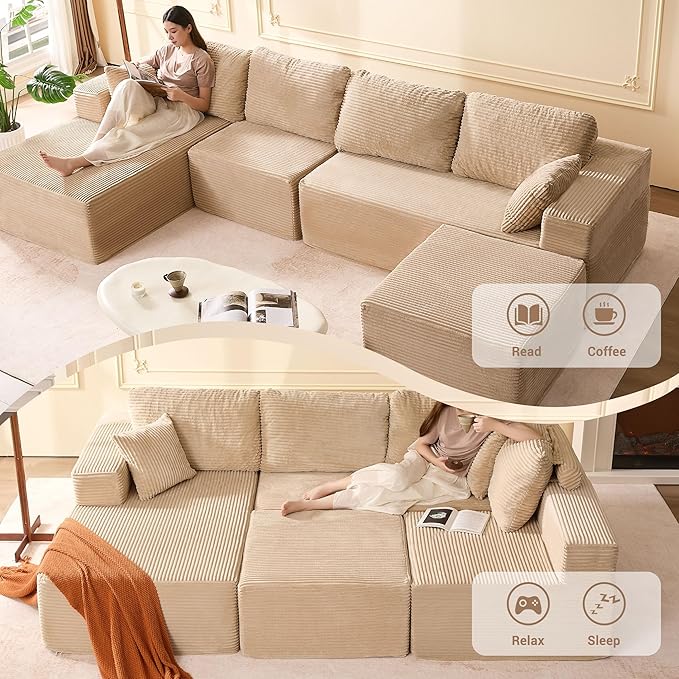 138 Boneless Couch with Deep Seat Set of Modular Sectional Sofa Cloud Sectional Couch for Living Room No Assembly Required Corduroy U-Shape 4 Seater Left Camel
