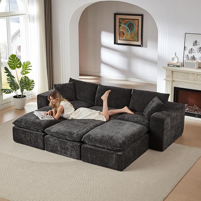 KEIKI 108 Oversized Chenille Modular Sectional Sofa with 3 Ottoman &amp High-Density Foam Cushion &amp Pillows Upholstered Modern Cloud 3-Seater Couch Easy Assembly for Living Room Black