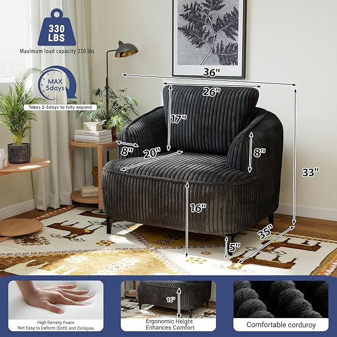 36 Lounge Chair with Metal Leg Accent Chair with Plush Corduroy Upholstery Ergonomic Back &amp Boneless Comfort for Living Room Bedroom Office No-Assembly Charcoal Black