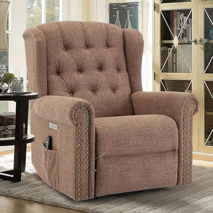 Power Swivel Rocking Glider Recliner Chair Electric Nursery Reclining Sofa Chair with Heat and Massage Wingback Tufted Upholstered Recliner for Living Room USB and Type-C Ports Brown