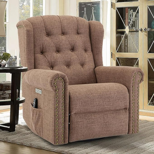 Power Swivel Rocking Glider Recliner Chair Electric Nursery Reclining Sofa Chair with Heat and Massage Wingback Tufted Upholstered Recliner for Living Room USB and Type-C Ports Brown