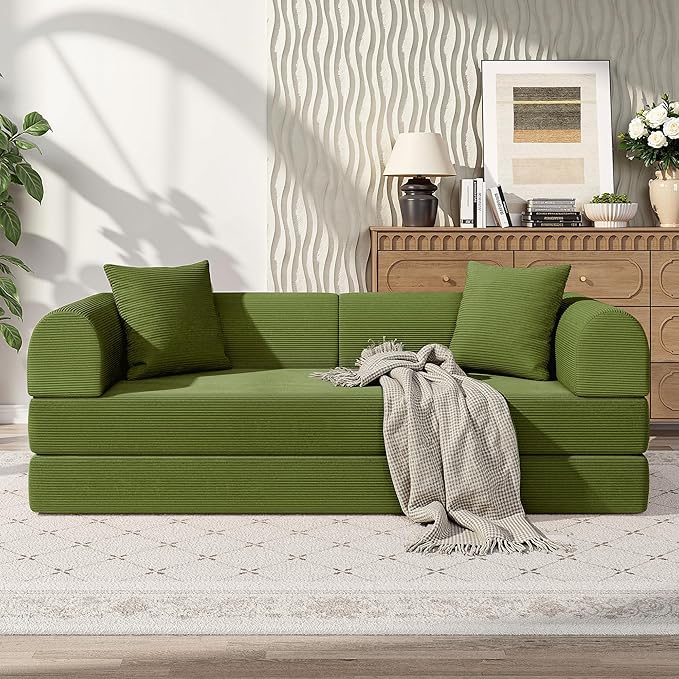 79 Folding Convertible Sofa Bed Boneless Couch for Living Room with Pull Out Bed ‌Convertible Sleeper Sofa Bed with Pillows - Corduroy Upholstered Modular Futon Couch for Bedroom Lounge (Green)