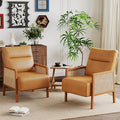 Andeworld Brown Accent Chairs Set of 2Upholstered Modern Living Room Chairs with Natural Rattan Arm Faux Leather Arm Chairs for Bedroom Club Balcony Reception