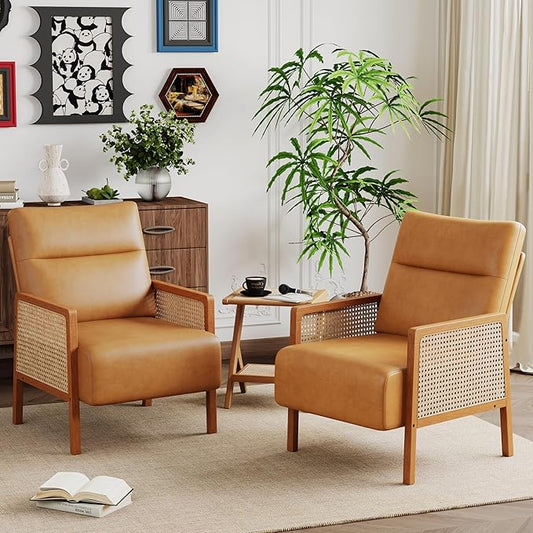 Andeworld Brown Accent Chairs Set of 2Upholstered Modern Living Room Chairs with Natural Rattan Arm Faux Leather Arm Chairs for Bedroom Club Balcony Reception