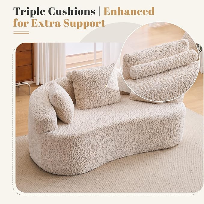 Premium Curved Loveseat Sofa Full-Compression 2-Seat Couch with Enhanced Back Support Modern Fabric Loveseat with Pillows Compact Luxury Sofa for Living Room or Apartment (Cream)