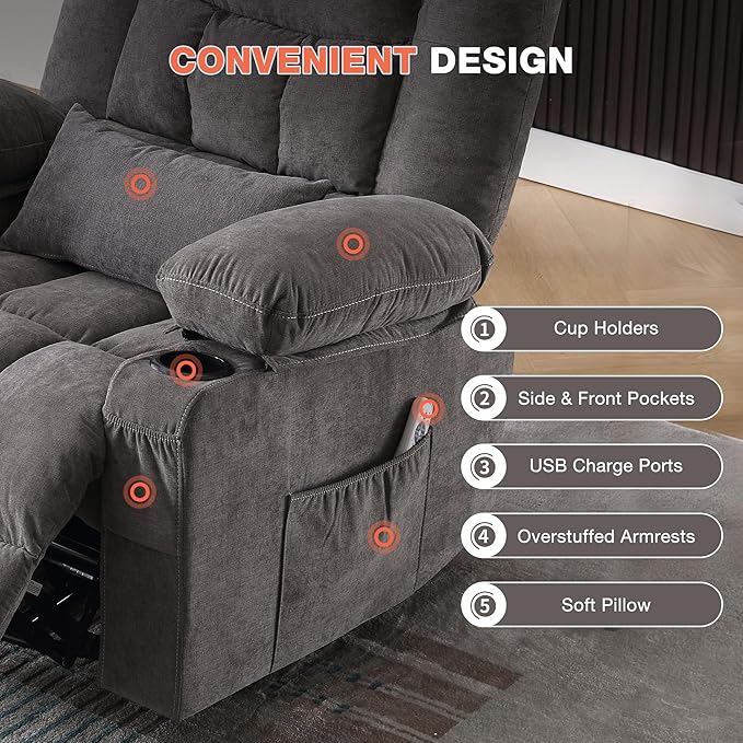 Massage Swivel Recliner Chair with Vibration Massage and Lumbar Heating for AdultsOversized Rocker Recliner Single Sofa with Side PocketTwo Cup Holders and USB Charge Port for Living Room