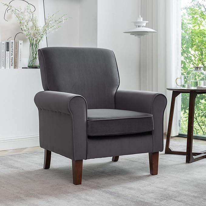 Classic Accent Armchair with Birch Wood Frame and Comfortable Rolled Armrests Arm Chairs for Living Room Bedroom and Office Decor Grey