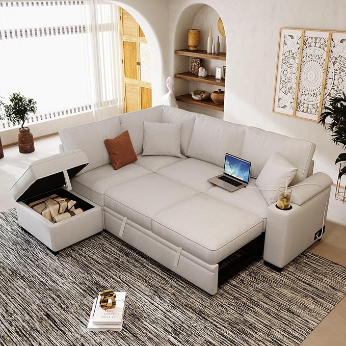 Merax Sofa Bed Sleeper Couch L Shaped Sofa with Storage Ottoman and Cup Holder L-Shape Sectional Couch with Comfortable backrest and Charging Function for Living Room and Small Apartment (Beige)