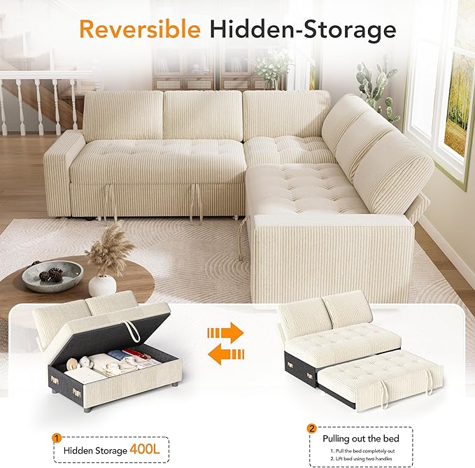 Vipbear Pull Out Sofa Bed Sectional Sleeper Sofa with Reclining Backrest &amp Storage Plush Pullout Modular Sectional Couches with USB Charging L Shaped Convertible Couch Bed for Apartment Beige |