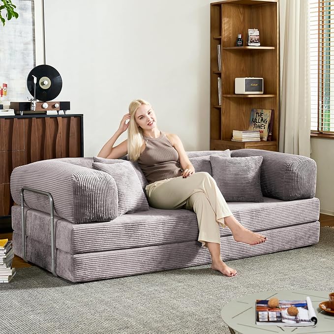 78 Inch Convertible Sofa Bed Corduroy Boneless Couch with Fixed Frame and 4 Pillows Modular Sectional Couch for Living Room Bedroom Studio Floor Bed Loveseat Sofa (Grey)