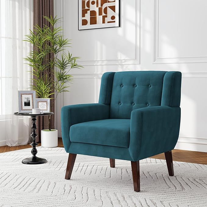 Lumibee Accent Chair Modern Velevet Armchair for Living Room Comfy Upholstered Arm Chair Tufted for Indoor Bedroom Office Room (Blue Velvet)