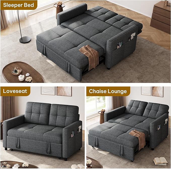 DWVO 55 Convertible Sofa Bed 3-in-1 Sleeper Sofa with Pull-Out Bed Linen Futon Couch with Adjustable Backrest and Side Pocket Modern Loveseat for Living Room Apartment Grey