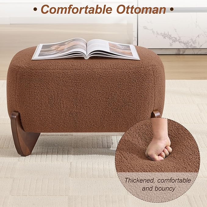 28.7 Sherpa Boucle Ottoman with Solid Wood Legs Modern Upholstered Footstool Comfy Ottoman for Living Room Bedroom Caramel