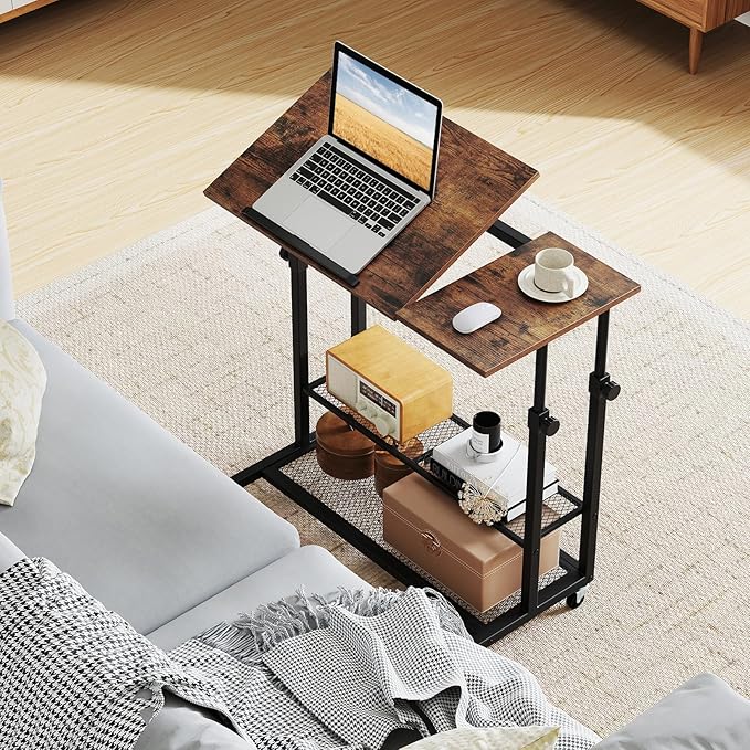 Tangkula Mobile Computer Desk Cart Height Adjustable Rolling Laptop PC Desk with Tilting Tabletop &amp Storage Shelves Small Compact Desk on Wheels for Small Space Living Room &amp Bedroom (Rusti