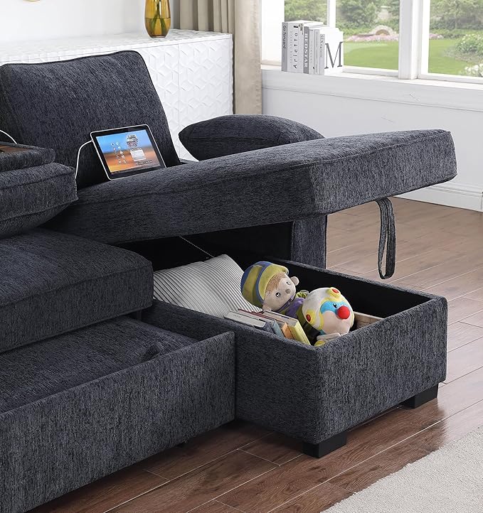 ERYE L-Shaped Pull Out Sleeper Sofa Bed Modern Chenille Upholstered Button Tufted Corner Reversible Sleeper Sectional Sofa Couch with Storage Chaise Drop-Down Table Cup Holders and Charging Ports